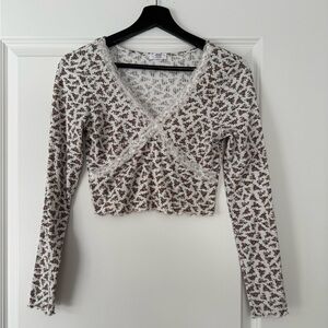Ardene Floral Long Sleeve Wrap Top - White and Brown
